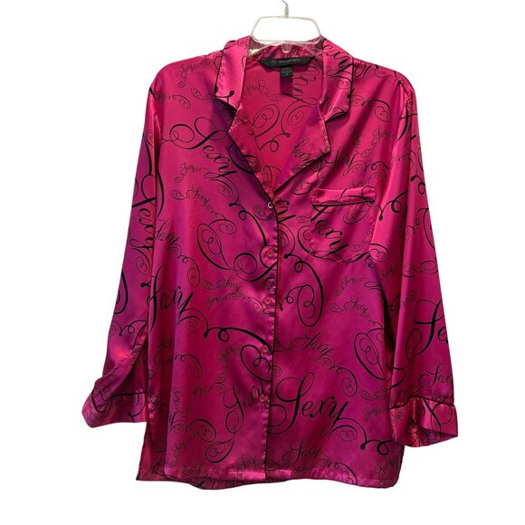 Victorias Secret Pink Satin Pajama Top SEXY  Black Script Print Size Sm Pocket - Picture 1 of 6